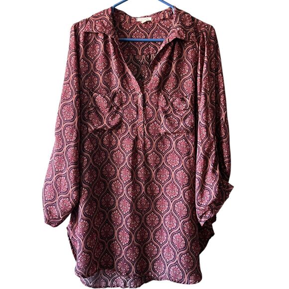 Pleione Tops - Pleione Sheer Pullover Sheer Paisley Top Womens Sz. Large Brown Roll Tab Sleeve